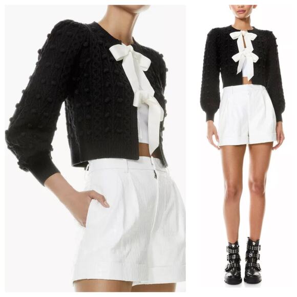 ALICE + OLIVIA Black Kitty Cardigan Chunky Knit Sweater Cream White Bows Large